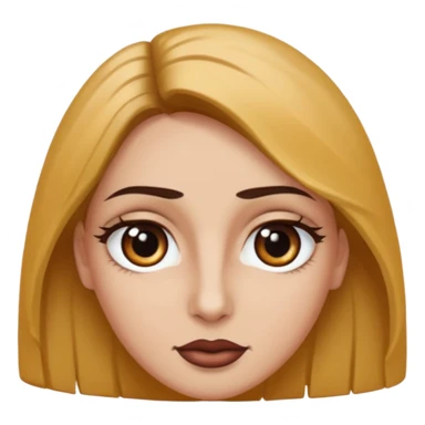 Rostro de forma ovalada con facciones delicadas. Ojos grandes y expresivos de color café oscuro, con pestañas largas y definidas. Cejas oscuras, pobladas y bien formadas color de piel trigeña y cabello largo sticker