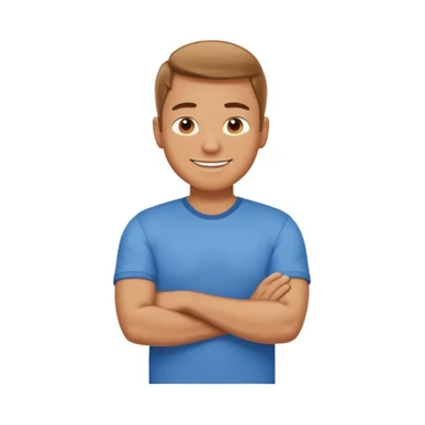 Create a cartoon emoji-style illustration of a smiling man standing confidently with arms crossed. sticker
