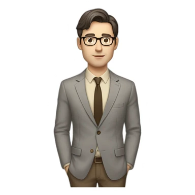 Full height Pale skinned Fit Man With dark brown hair in gray jacket, beige office shirt, tie, Brown pants and vintage glasses. Thrumbs of his palms directed up sticker