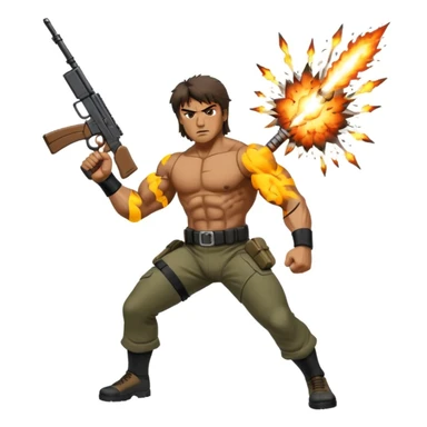 Icon for Action Movies: Rambo in the lead role, in an intense action pose with weapons, explosions, and dramatic background. The design should evoke the classic action movie feel with muscle-bound heroes and high-energy sequences. Transparent background. sticker