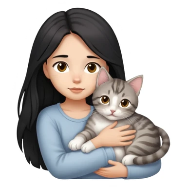 girl with black long hair, light-medium skin, brown eyes snuggling light grey tabby kitten sticker