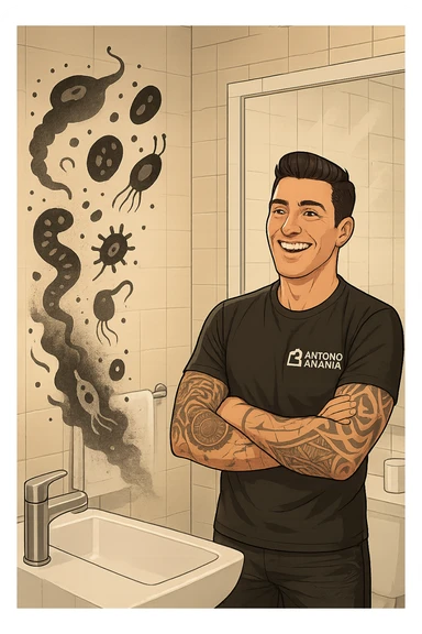a man stands in a brightly lit bathroom, looking relieved and revitalized as he examines his reflection in the mirror. In the foreground, stylized, shadowy images of parasites (such as worms or protozoa) are shown leaving his body, dissolving into mist or fading away. His posture is upright and his expression is one of newfound energy and health. sticker