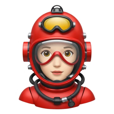 wearing a red scuba diving helmet with glass visor sticker