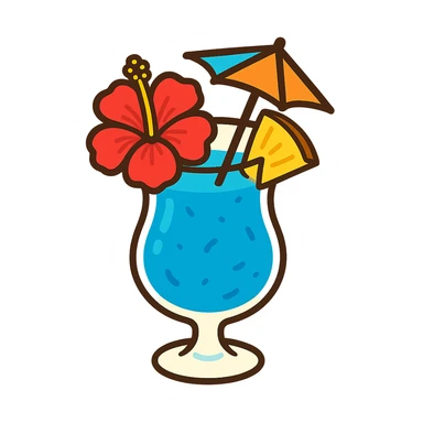 blue tropical cocktail with hibiscus, pineapple, and paper umbrella garnishes, vibrant flat toon style sticker