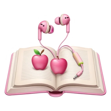  pink Pink Apple-style earbuds lying on an open book, soft pastel tones, cozy and minimal aesthetic, realistic lighting and shadows, top-down view, transparent background" sticker