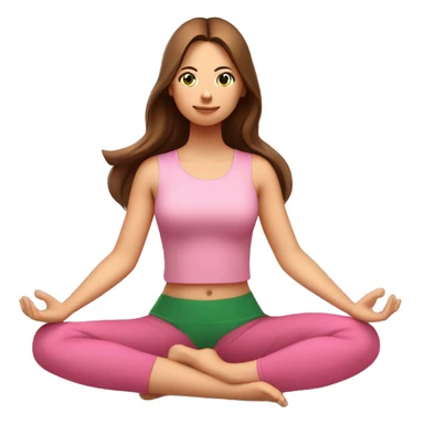 A girl with brown long hair, fair skin and green eyes is meditating in a relaxed lotus position in a comfortable pink top and pink leggings sticker