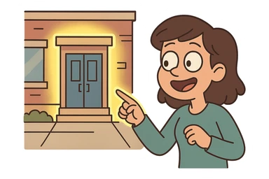 icon symbolizing '입구 위치가 눈에 잘 띄었어요' with a building entrance with glowing outline or highlight, making it stand out, simple flat design sticker