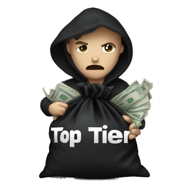 Thief wearing all black clothes actively stealing a money bag with the words Top Tier embroidered on it sticker
