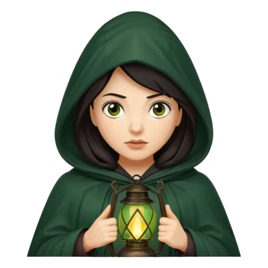 traitor tv show, dark haired woman wearing dark green cloak with hood up who looks very evil, is holding up a lantern, and is tilting her head down sticker