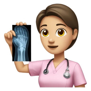 Brunette girl in pink scrubs looking at an arm X-ray  sticker