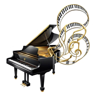 Create an elegant and festive emoji collage representing keyboard instruments, styled like a heraldic emblem. The design should feature a central focal point of black and white piano keys, arranged in a semi-circular or shield-like shape. Around the piano keys, add intertwining musical notes that form flowing ribbons, creating a dynamic and celebratory atmosphere. The design should be professional, with polished silver and gold accents on the keys and notes, highlighting the luxury and sophistication of the instruments. Add subtle shading and lighting effects to give the design a refined, 3D appearance. The background should remain transparent, and the overall feel should evoke grandeur, artistry, and a sense of celebration. sticker