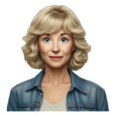 Medium length Dirty blonde poofy hair with bangs all across forehead and sides swept away from face woman of 60 with blue eyes  sticker