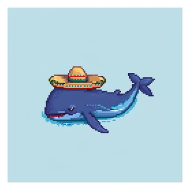 A blue whale with a colorful sombrero hat on its head, swimming in water sticker