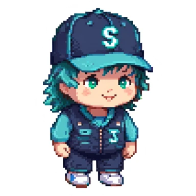 pixel art of a navy blue and teal green dump truck, wearing a Mariners baseball cap, cute expression, three-quarters view sticker