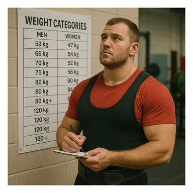 European powerlifter in competition clothing, standing in front of a weight category chart hanging on the wall, reflective expression, holding a pen and notepad, competition atmosphere, realistic details, gym or weight room background sticker