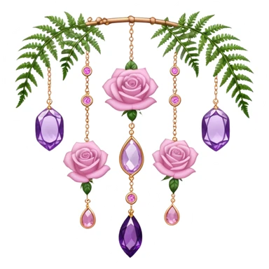 Hanging suncatcher, threads with shiny sparkly amethyst and rose-quartz gemstones, roses, fern-leaves  sticker
