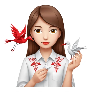Ukrainian young girl with brown hair wearing a white embroidered shirt holds an origami red crane sticker