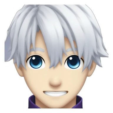 Satoru Gojo with his blue eyes,long white hair, a big friendly smile, dark violet uniform wich hides his neck from jujutsu kaisen sticker