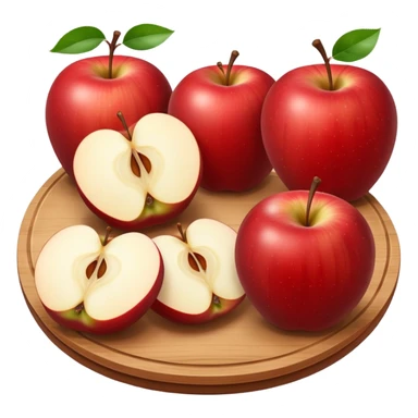 A round wooden board on which there are three whole apples and one apple, cut into two halves and several slices sticker