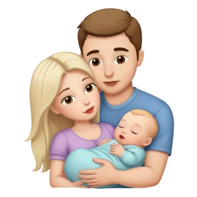 Man kissing wife holding a baby sticker