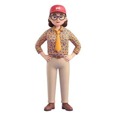 Create a cool 3D cartoon style emoji based on the person in the reference photo, capturing his features, glasses, hat, and stylish patterned shirt and pants. The pose should be confident and friendly. Keep the background transparent. sticker