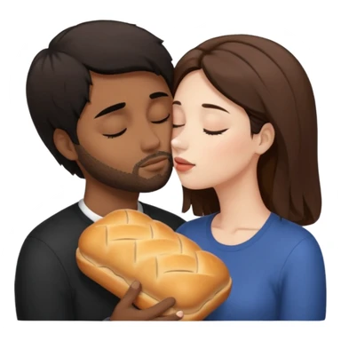 White woman with brown hair with eyes closed kissing forehead of brown man with black hair and a bread with eyes also closed sticker