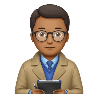 Middle-aged asian male vet – glasses, coat, writing notes on clipboard. sticker