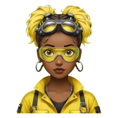 Cyberpunk black female mechanic, yellow tech goggles on forehead, messy hair bun, ear piercings, tool collar, grease smudge on cheek, focused expression, neon yellow lighting sticker