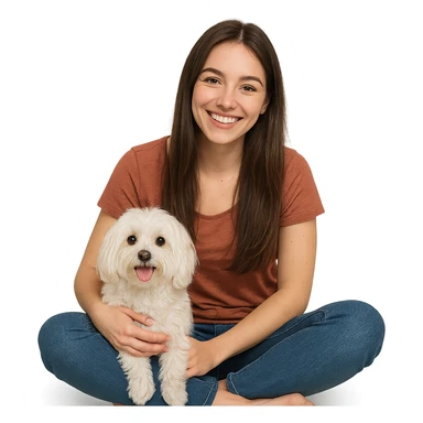 brunette girl with long hair sitting beside a Maltese dog, both smiling sticker