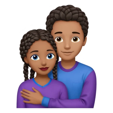 Boyfriend who is middle Easterntan olive skinned with blue eyes and wavy straight brown hair in a blue shirt and his African girlfriend who is very black skinned, juicy lipped with black braided hair and the two are hugging and smiling hugely she’s wearing purple and she has black eyes sticker