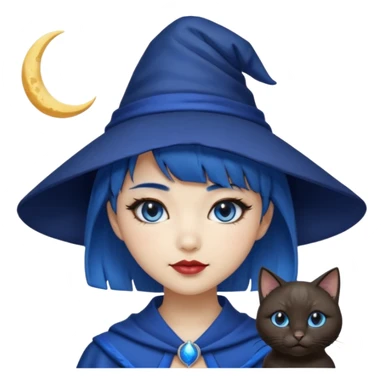 an asian short haired girl with electric blue highlighted short hair with bangs, with her silver left eye and dark brown right eye, with black cat eyed style eyeliner, and smirk of natural toned lipstick, with wizard hat with moon emblem on his hat. sticker
