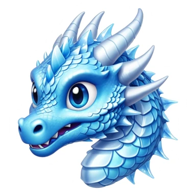 Cinematic Cute Beautiful Ice Dragon Portrait Emoji, Head tilted playfully and inquisitively, featuring a sleek, glacial form with intricately detailed, frost-kissed scales in shimmering blues and sparkling silver, accented by delicate ice crystal patterns and a gentle, enchanting glow; rendered with lifelike clarity and soft, natural light, high shine, charming and cool, styled with a touch of wintry fantasy, soft glowing outline, capturing the essence of a mischievous yet endearing ice guardian poised to twirl playfully into your dreams! sticker