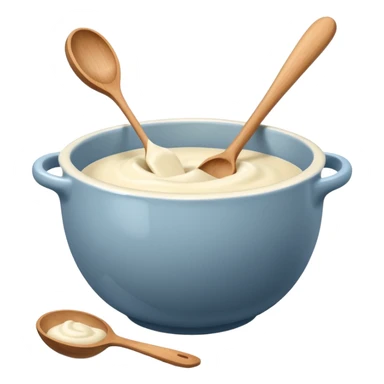 a cream ceramic mixing bowl with a wooden spoon stirring sticker