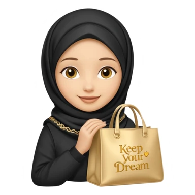 iOS 18 emoji style hijabi girl, gorgeous eye-catching hijab, smiling, holding tote bag with 'keep chasing your dream' in soft gold text sticker
