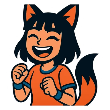 A girl with black fox ears and a tail, green eyes, dark hair, laughing sticker
