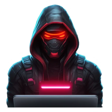 developer behind his laptop with this style : crysis Cyberpunk Valorant neon glowing bright red character dark red black hooded assassin themed character sticker