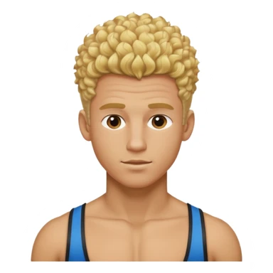 Athletic man with blond curly hair only on the top, straight on sides, thick neck, high top fade with no part, no shirt and SHOW ABS sticker