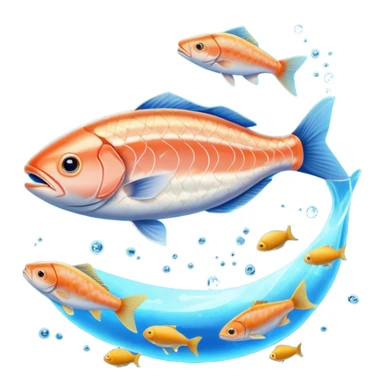 Golden omega-3 capsule floating in blue liquid currents, with salmon fillets, walnuts, chia seeds, and flaxseeds orbiting alongside an ethereal fish near a radiant brain. Blue waves expand from the brain, showing the mental clarity and emotional benefits of omega-3 rich foods. sticker