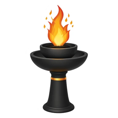 A minimalist stone pedestal with a tall rectangular base and a shallow black bowl on top, designed as a modern torch or brazier. Bright flames rise from the bowl sticker