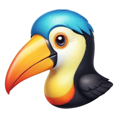 Cinematic Cute Toucan Portrait Emoji, Head tilted playfully and inquisitively, with a delightfully vibrant beak and round, sparkling eyes filled with tropical charm, Simplified yet irresistibly adorable features, highly detailed, glowing with a warm, inviting tropical glow, high shine, affectionate and lively, stylized with a touch of whimsical exotic flair, soft glowing outline, capturing the essence of a mischievous yet loving toucan that seems as if it could flutter out of the screen into your arms! sticker