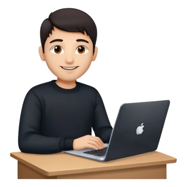 memoji of a man with a laptop, apple-style, modern, dark hair, black sweater, Indian fair skin, small cute smile, holding a computer, sitting at a desk, light blue gradient background sticker