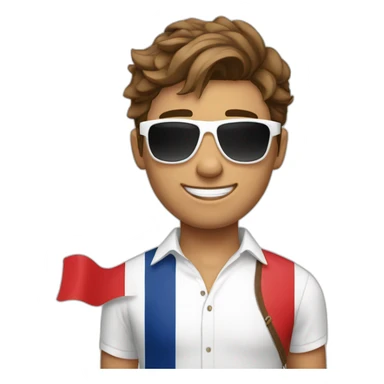 A young fit man with a white shirt and sunglasses on his hair with brown hair and a French flag in his hand sticker