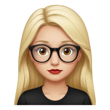 A blonde woman, long hair and long eye lashes,small nose, red blushe and highlighter, black glasses,brown eyes, white tshirt sticker