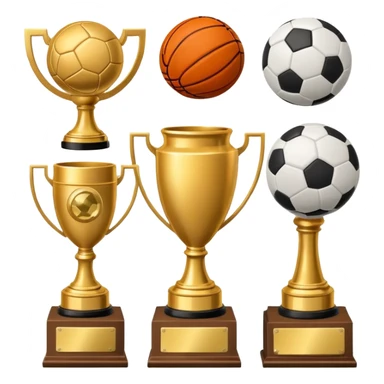 a basketball, soccer ball, volleyball, and a football all mixed with a trophy sticker