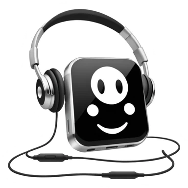 Futuristic iPod emoji with earphones, metallic black and white, smooth reflective surfaces, flat minimal vector design, clean UI style sticker