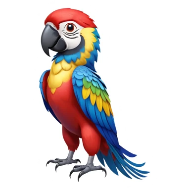 cinematic-macaw-realistic-full-body-standing-emoji,-vibrant-feathers-glowing-with-rich-reds,-blues,-and-yellows,-head-tilted-dramatically,-curved white-beak-gleaming,-piercing-dark-eyes-exuding-confidence,-simplified-yet-realistic-focused sticker