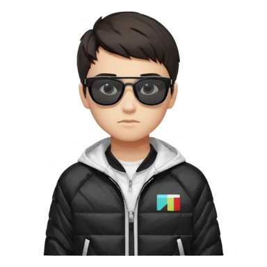 A confident 17 year old boy with short dark hair, wearing pixelated “deal with it” meme sunglasses and a sporty jacket with a bright inner lining. He has a calm, serious expression that gives off a cool, laid-back vibe. sticker
