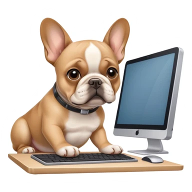 Fawn french bulldog working behind computer sticker