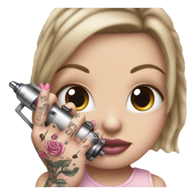 White girl hand with pink tattoos holding a tattoo machine sticker