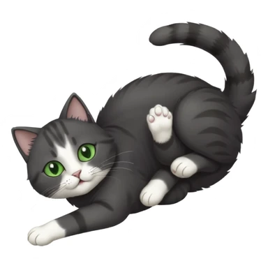 dark grey cat with green eyes, white toes/paws and white patch on her chest playfully rolling upside down sticker